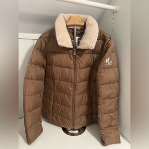 Ralph Lauren Tan Puffer Jacket with Cream Sherpa Collar